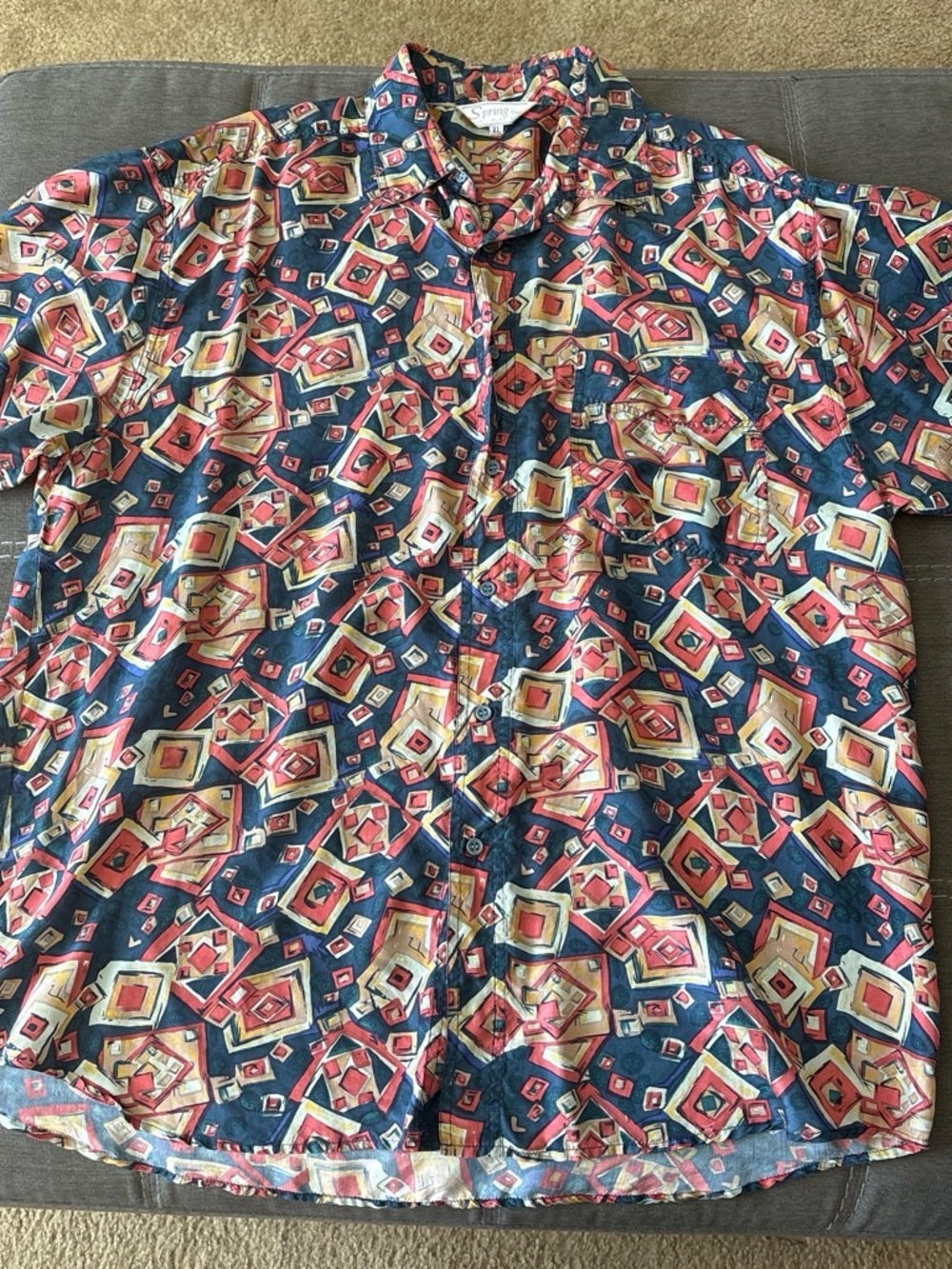 Spring Man’s 100% Pure Silk Multicolor Geometric Print Shirt Button Up XL